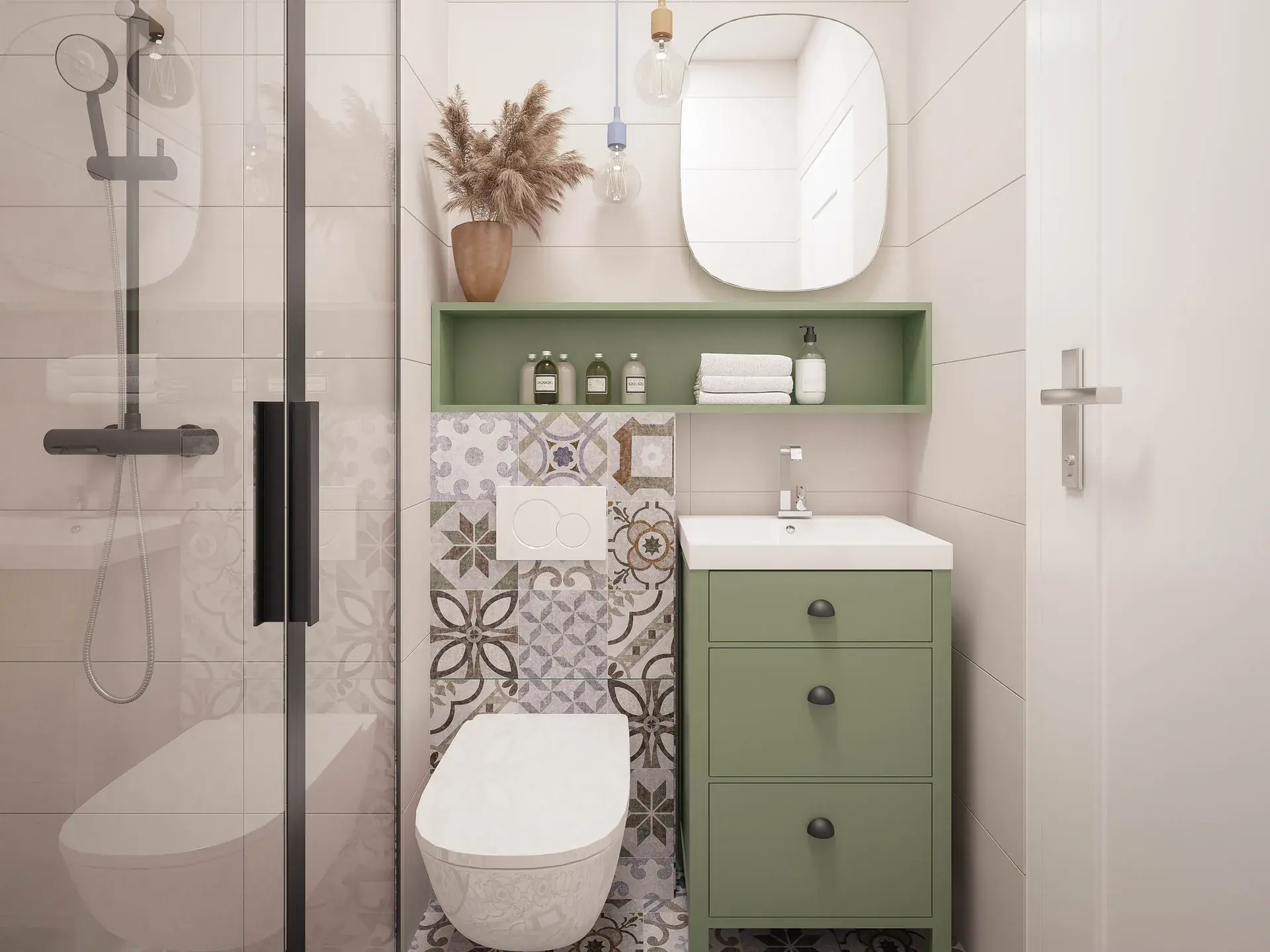 Small sage green bathroom with patterned tile